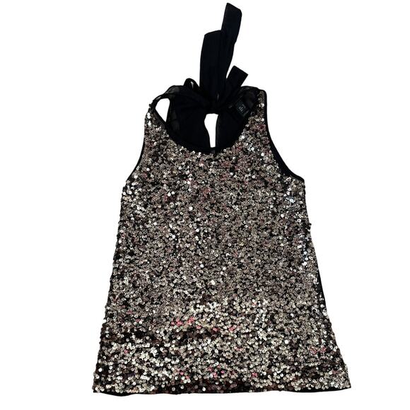 MNG Collection S / M Silver Sequin Sheer Black Bow Tie Back Tank Top Sparkle - Picture 1 of 6